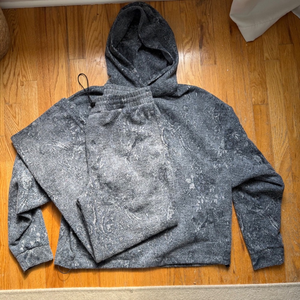 Zara Men Gray Washed Jacquard Hoodie and Pants Set M Textured Lounge 5644/410